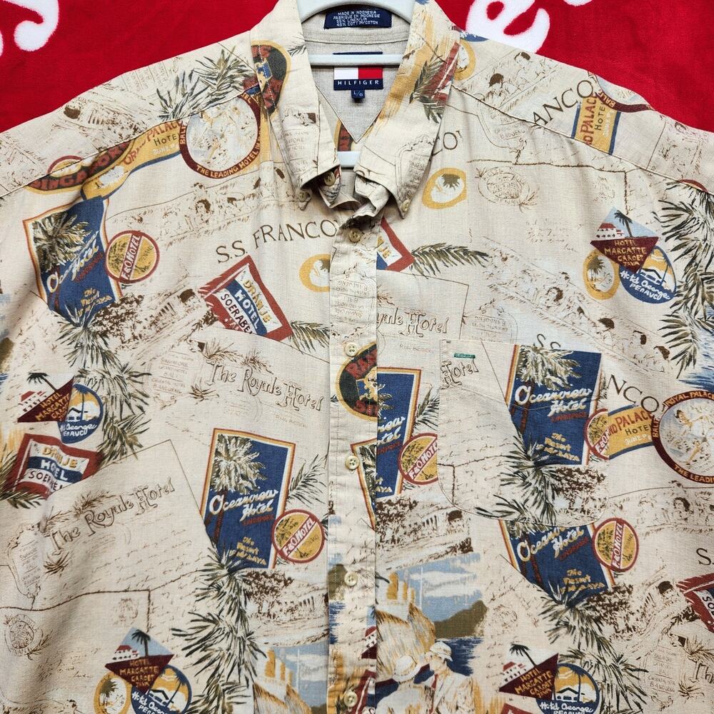 Tommy Hilfiger Mens Large Linen Cotton Hawaiian Shirt Tropical Resort Camp...
